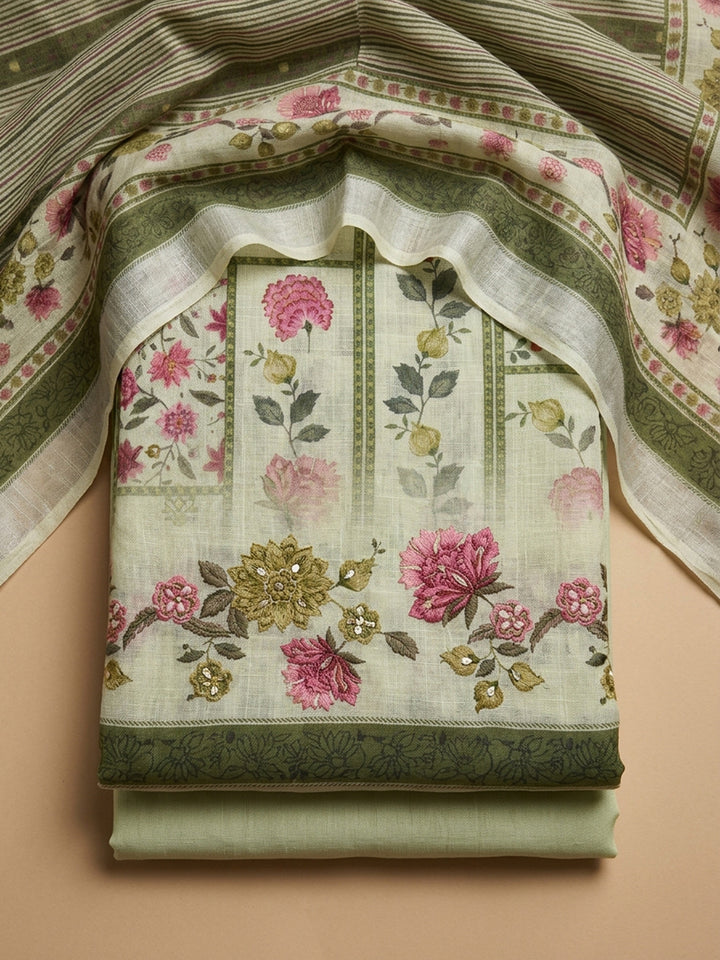 Pista Green Printed Linen Blend Unstitched Dress Material