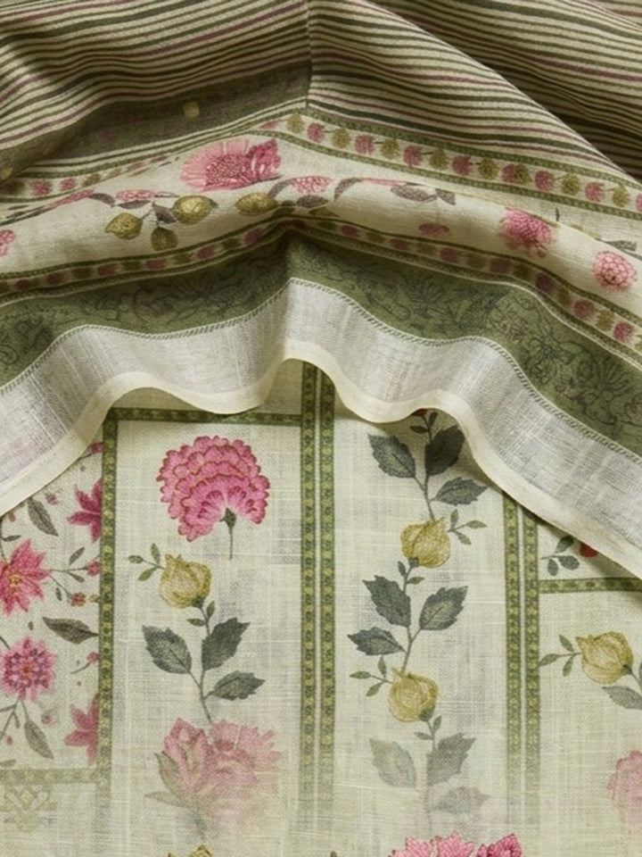 Pista Green Printed Linen Blend Unstitched Dress Material