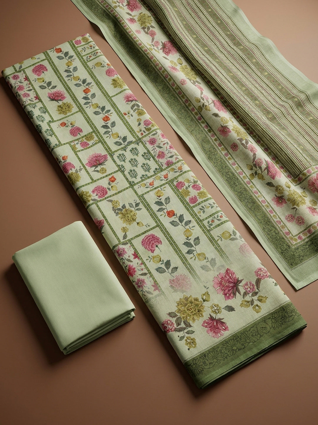 Pista Green Printed Linen Blend Unstitched Dress Material