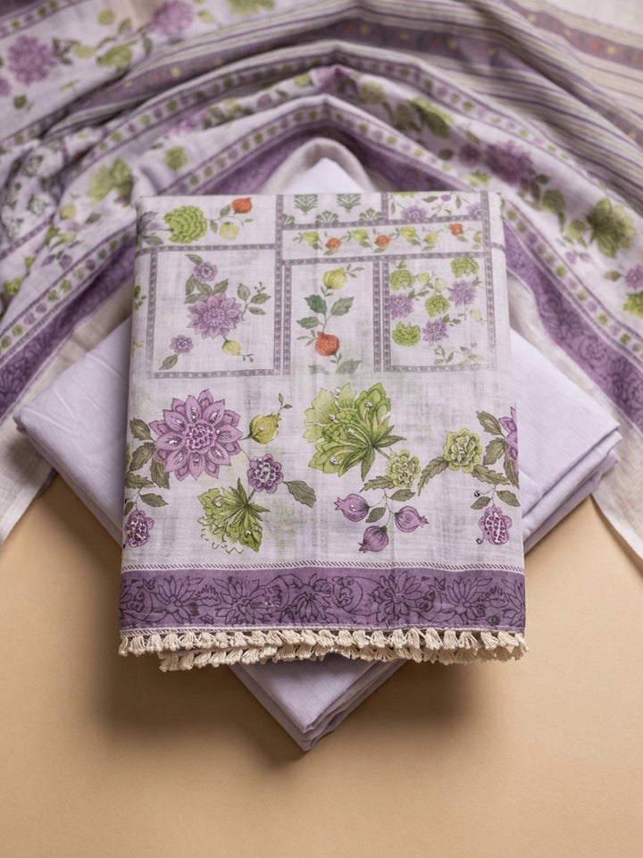 Purple Printed Linen Blend Unstitched Dress Material