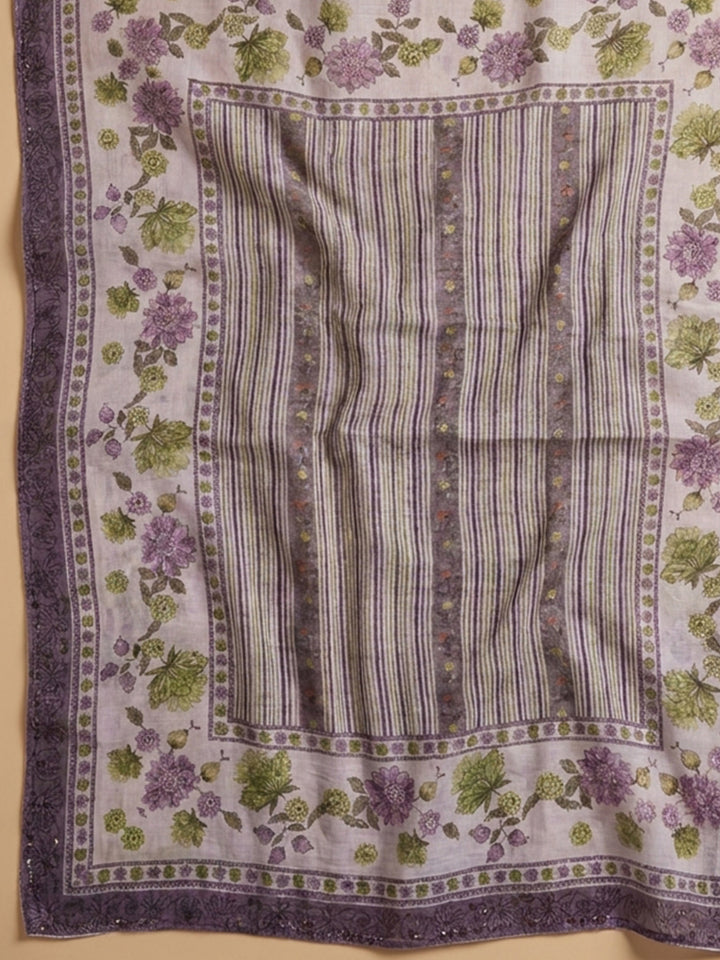Purple Printed Linen Blend Unstitched Dress Material