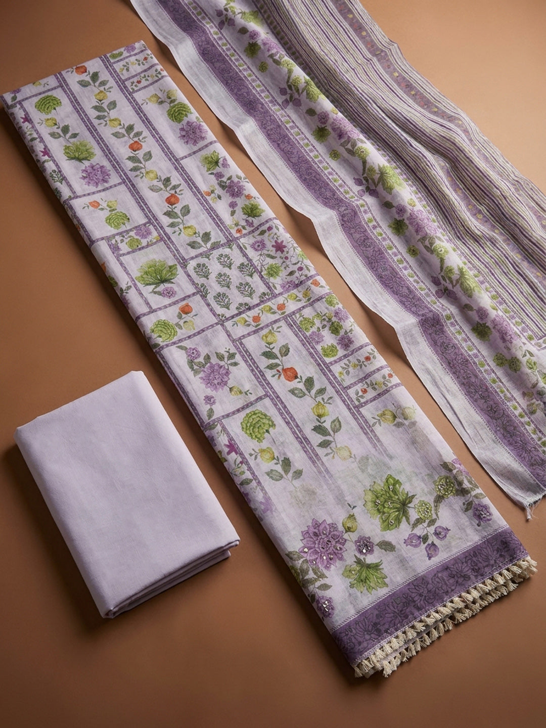 Purple Printed Linen Blend Unstitched Dress Material