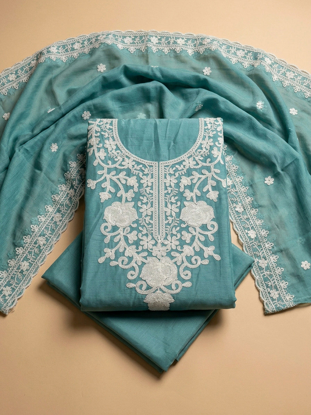 Aqua Blue Embroidery Cotton Blend Unstitched Dress Material