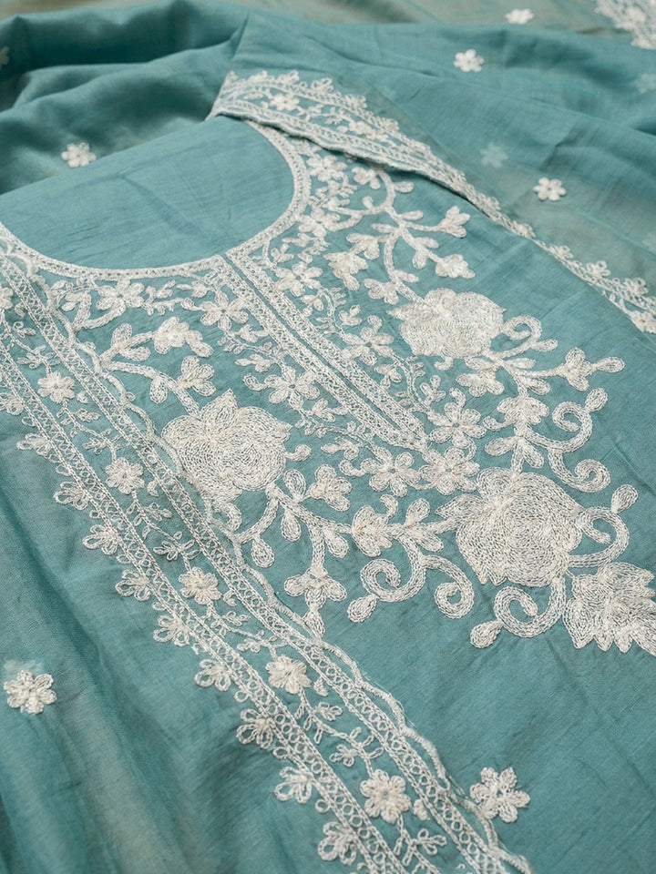 Aqua Blue Embroidery Cotton Blend Unstitched Dress Material
