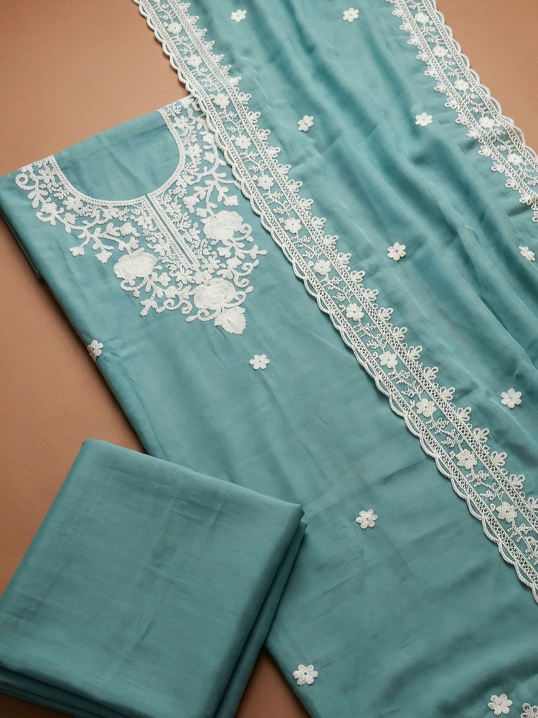 Aqua Blue Embroidery Cotton Blend Unstitched Dress Material