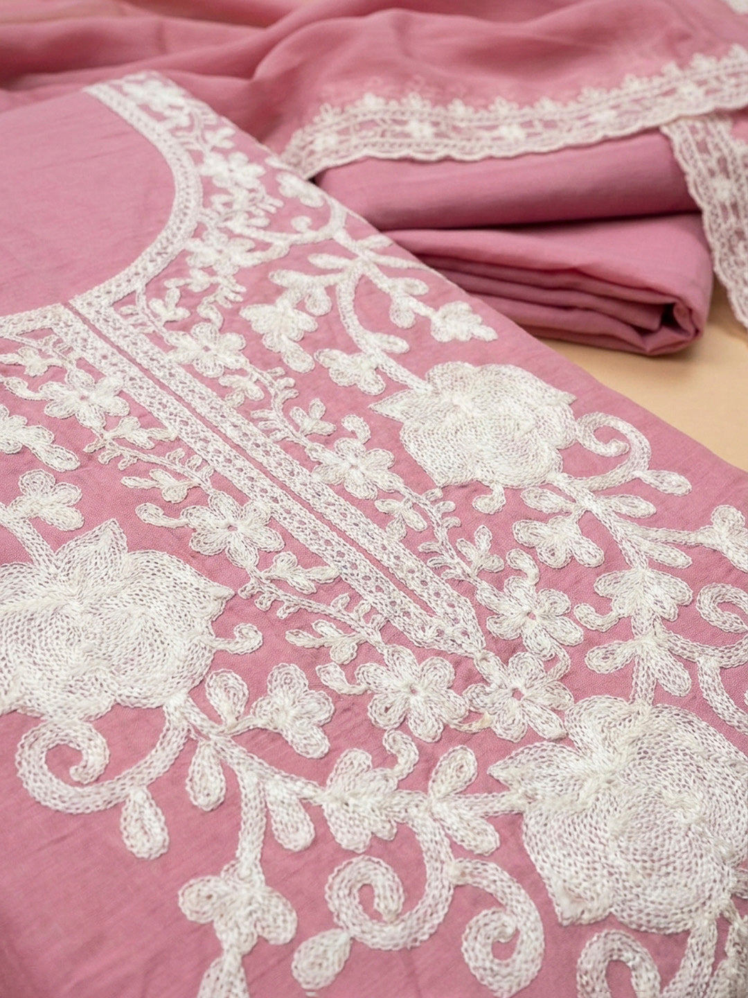 Onion Pink Embroidery Cotton Blend Unstitched Dress Material