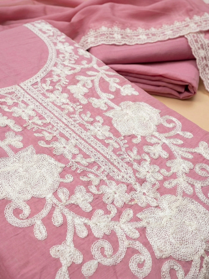 Onion Pink Embroidery Cotton Blend Unstitched Dress Material
