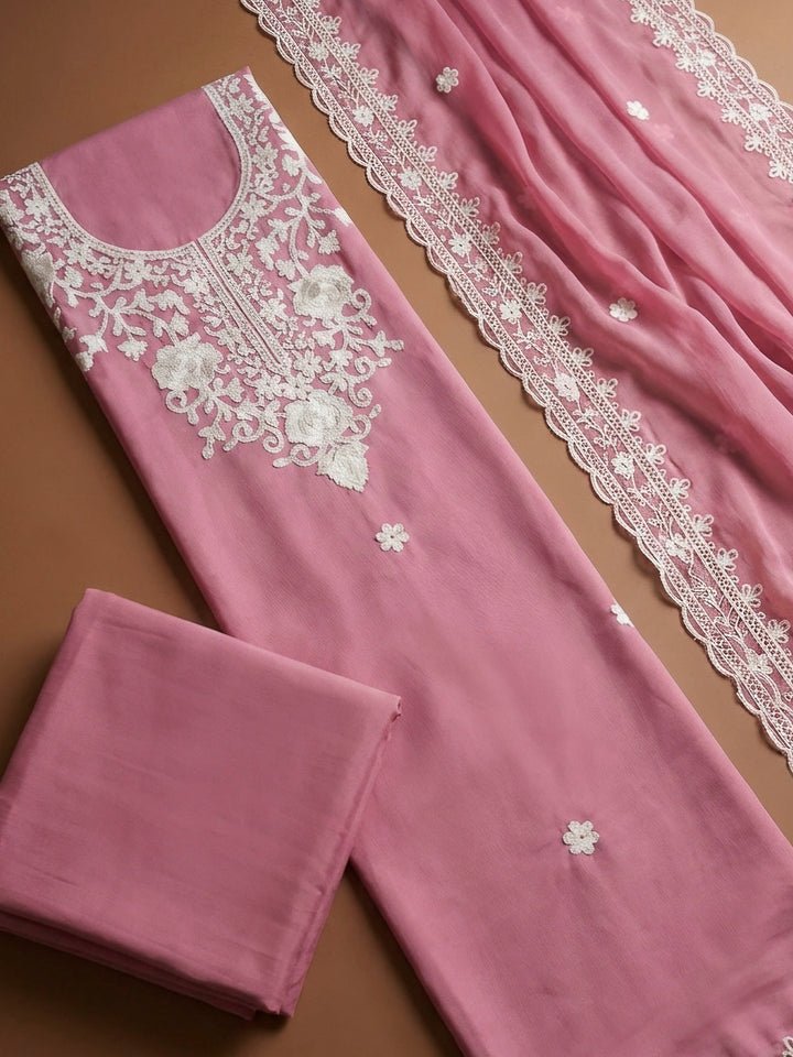 Onion Pink Embroidery Cotton Blend Unstitched Dress Material