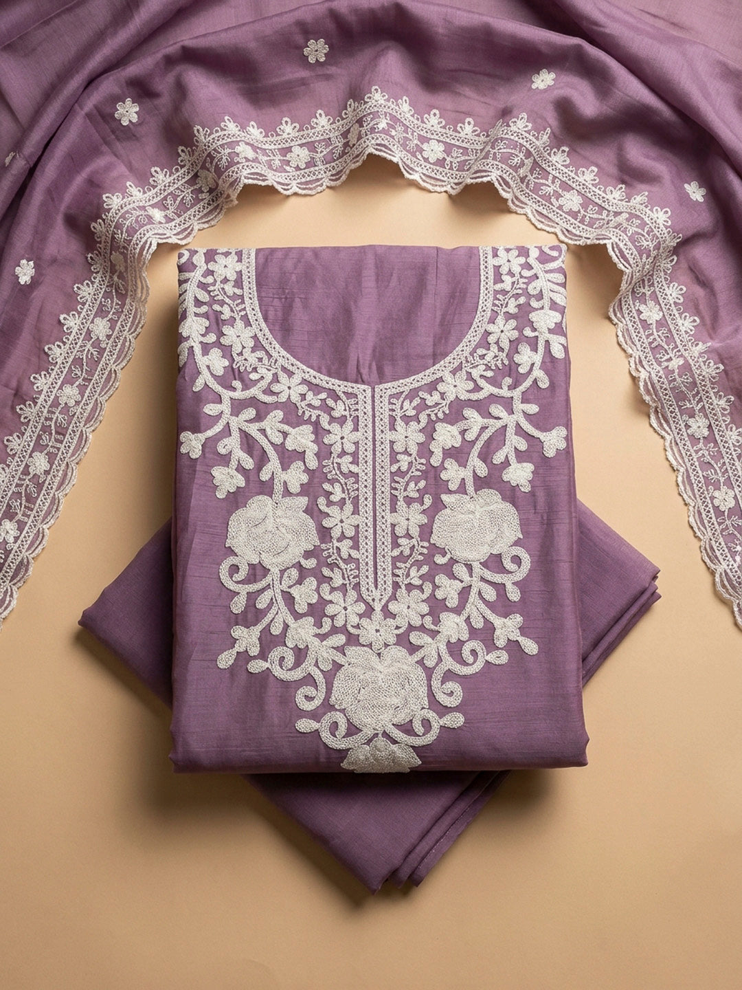 Purple Embroidery Cotton Blend Unstitched Dress Material