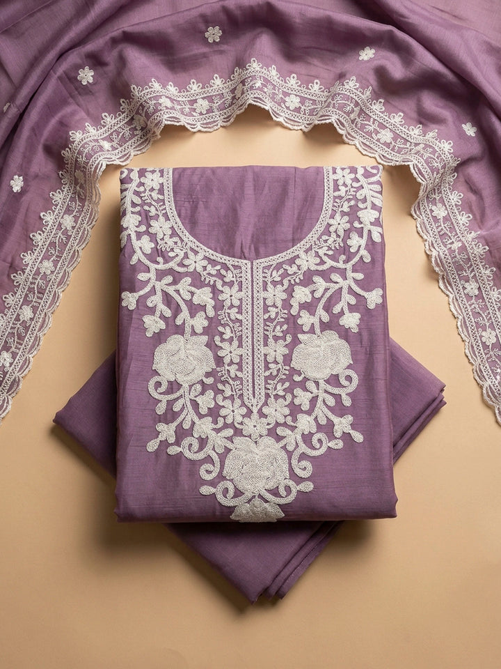 Purple Embroidery Cotton Blend Unstitched Dress Material