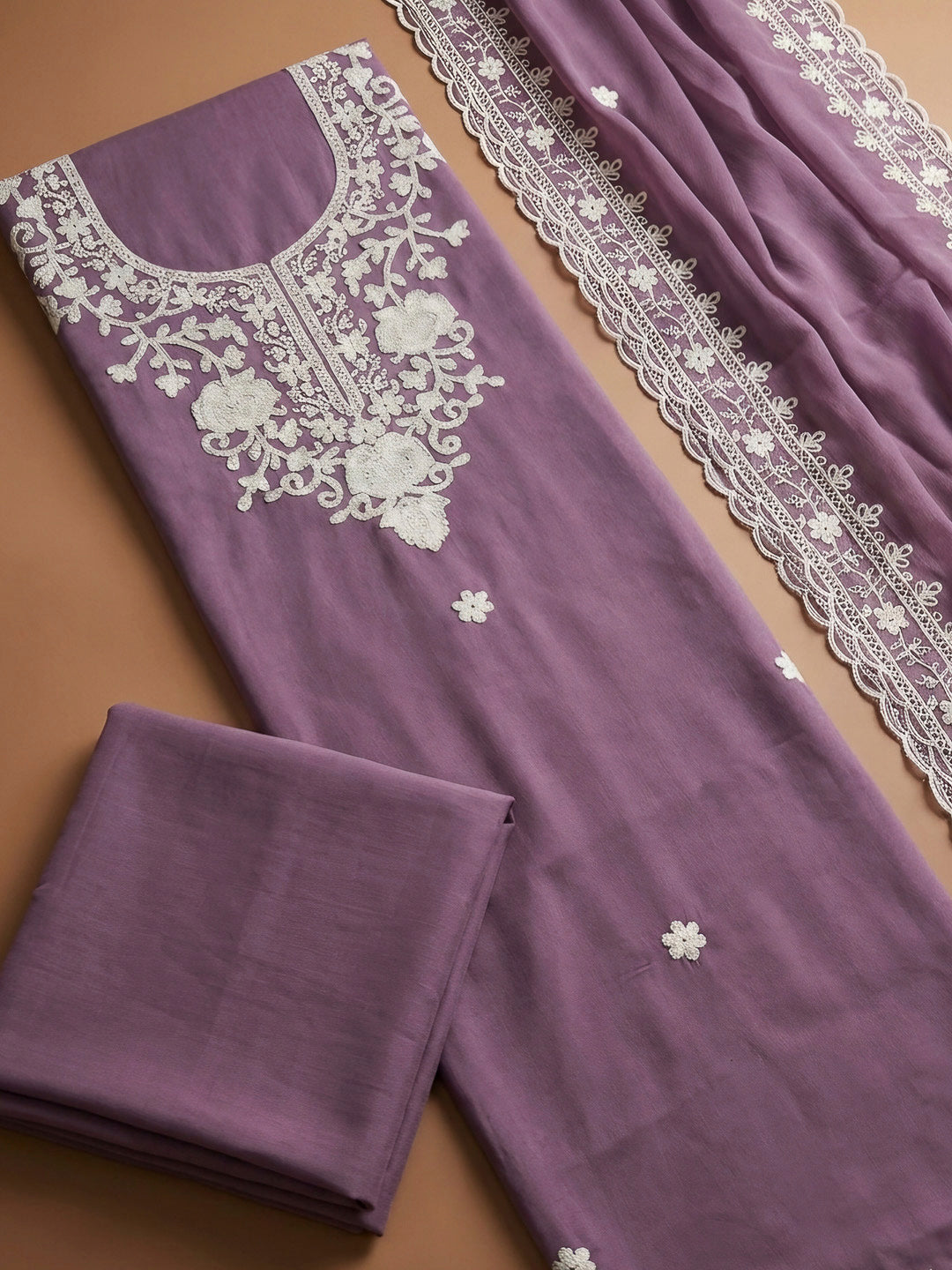 Purple Embroidery Cotton Blend Unstitched Dress Material