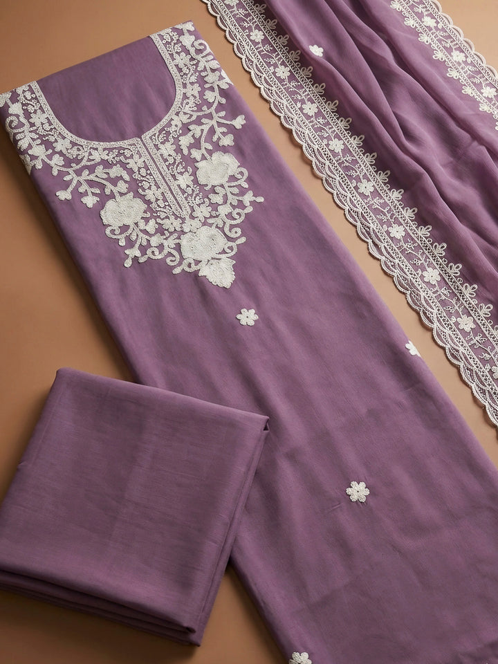 Purple Embroidery Cotton Blend Unstitched Dress Material