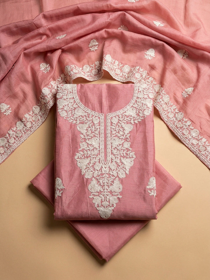 Peach Embroidery Chanderi Unstitched Dress Material