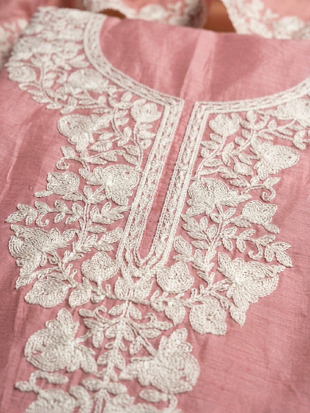 Peach Embroidery Chanderi Unstitched Dress Material