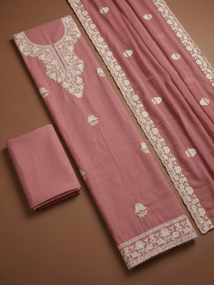 Peach Embroidery Chanderi Unstitched Dress Material