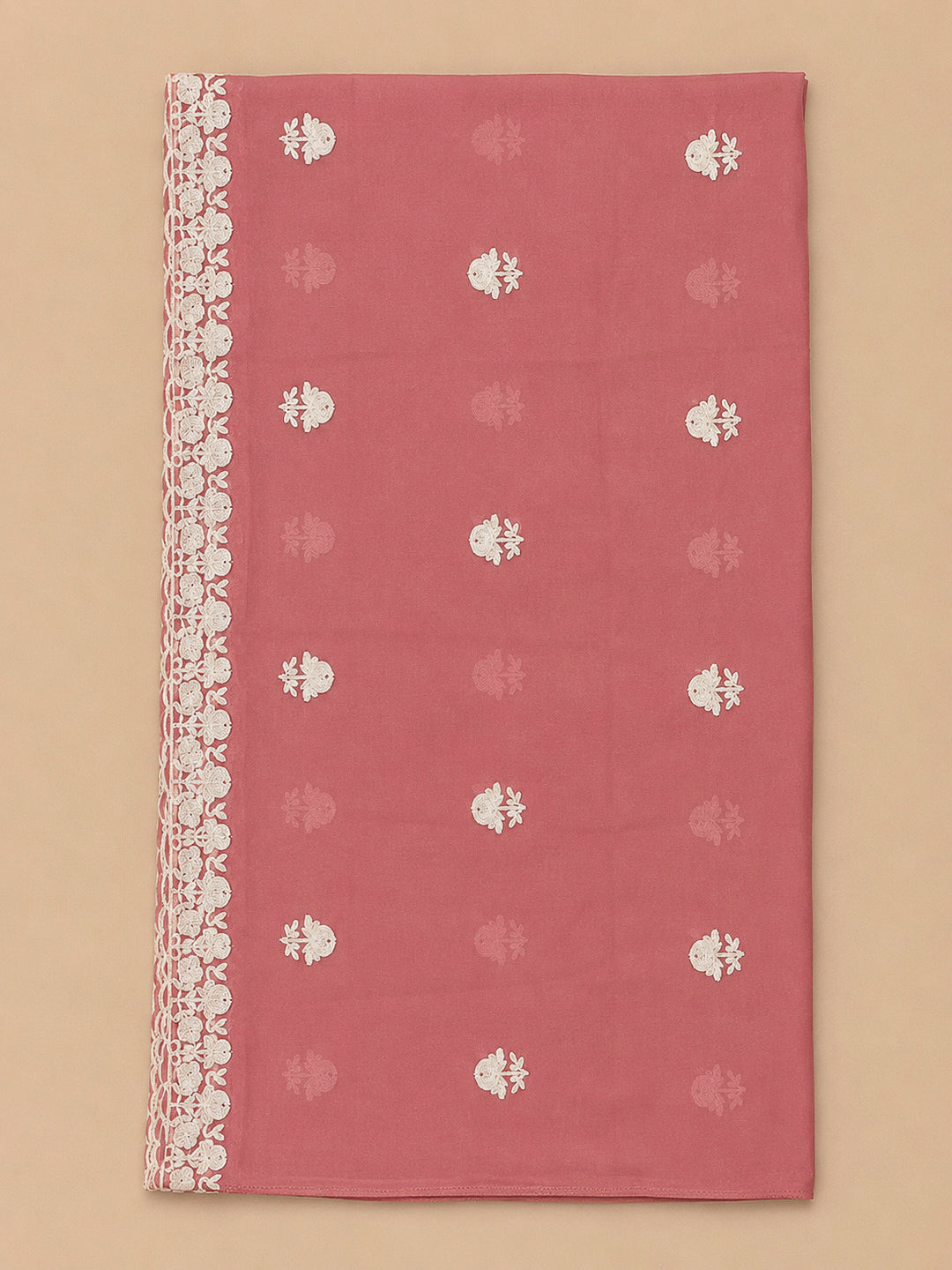 Peach Embroidery Chanderi Unstitched Dress Material