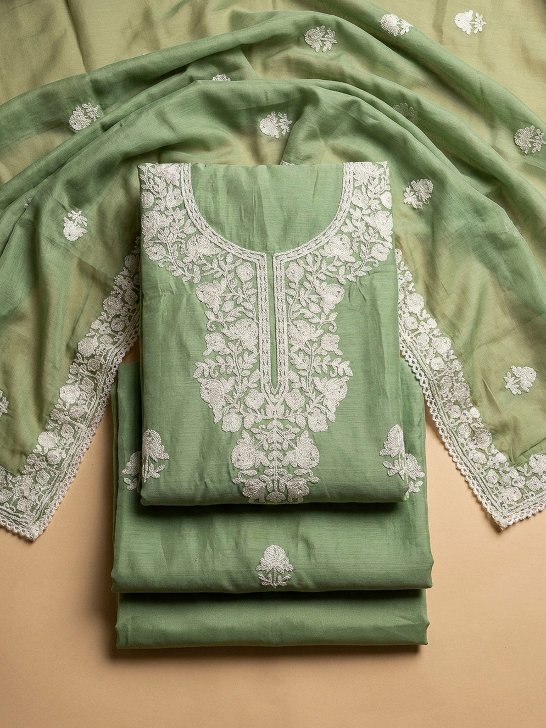 Pista Green Embroidery Chanderi Unstitched Dress Material
