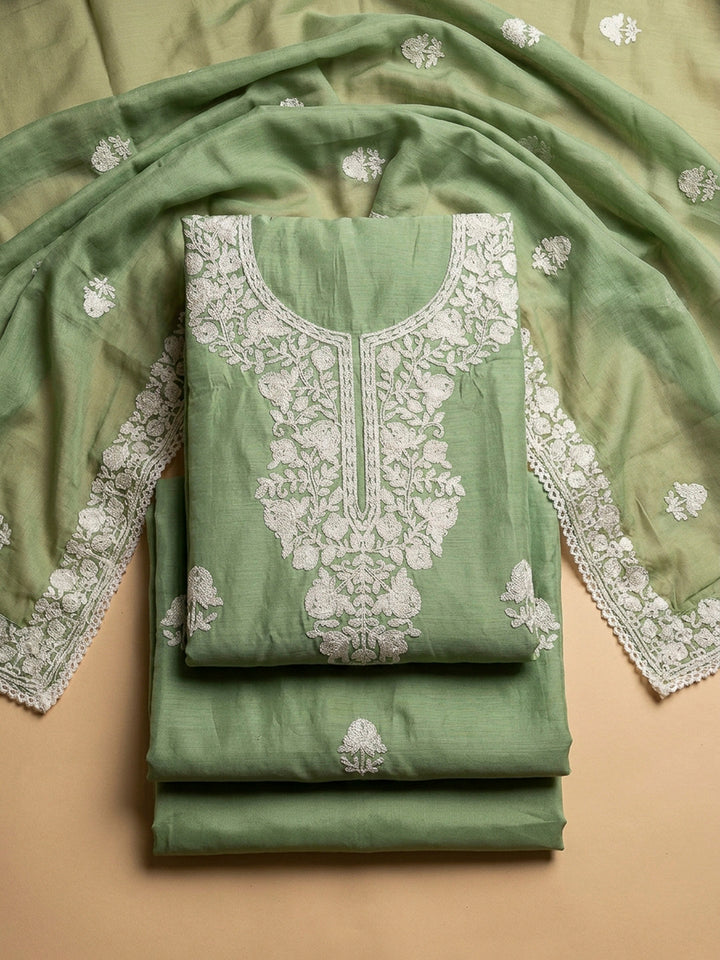 Pista Green Embroidery Chanderi Unstitched Dress Material