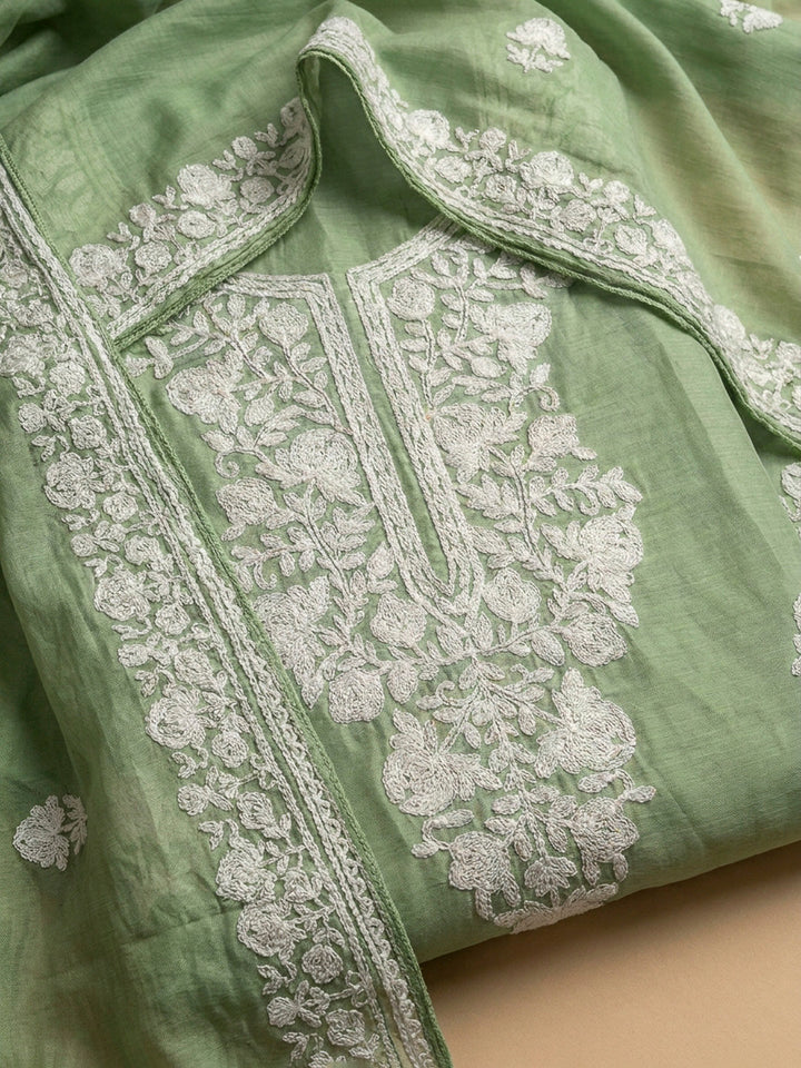 Pista Green Embroidery Chanderi Unstitched Dress Material