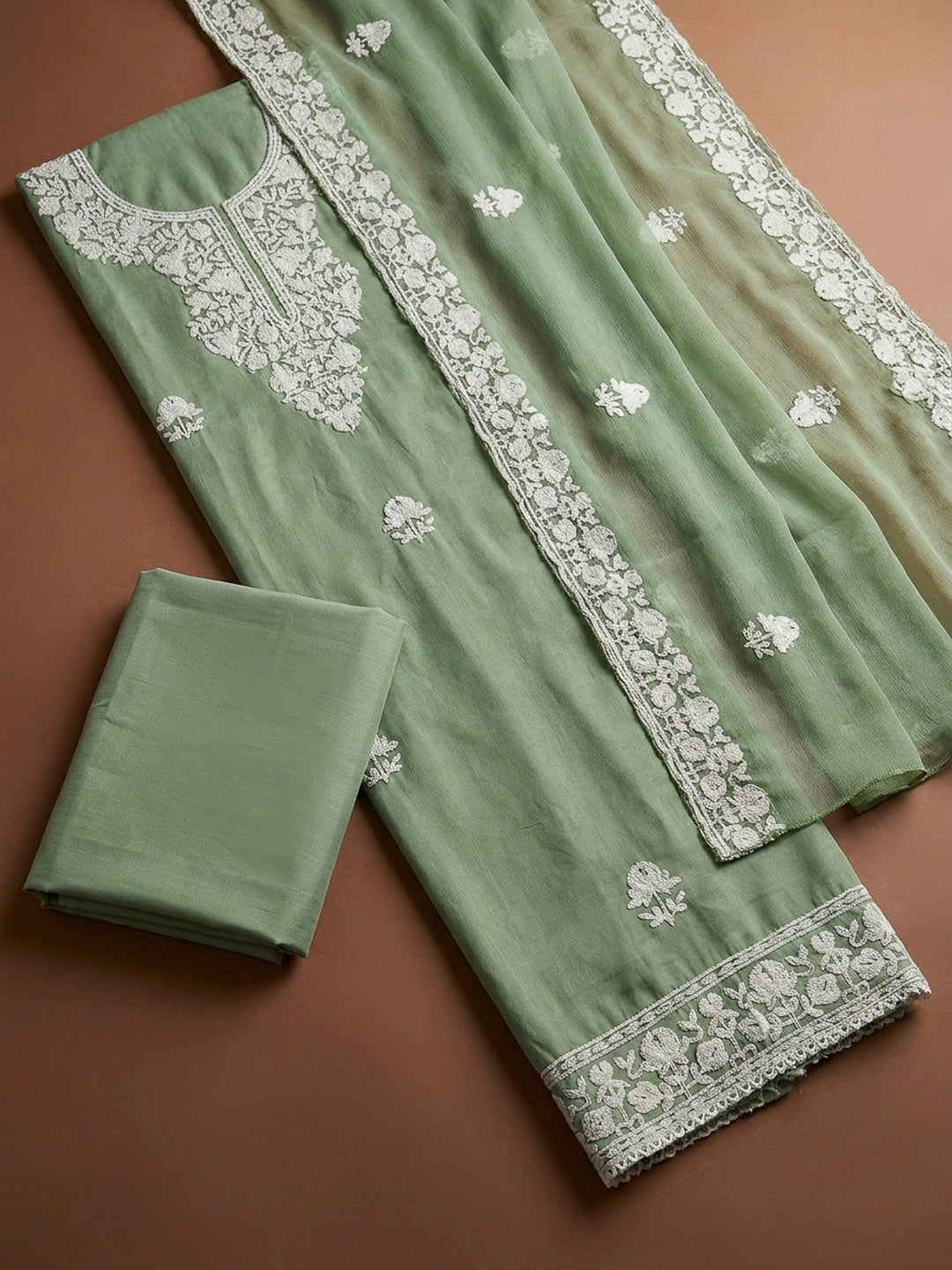 Pista Green Embroidery Chanderi Unstitched Dress Material