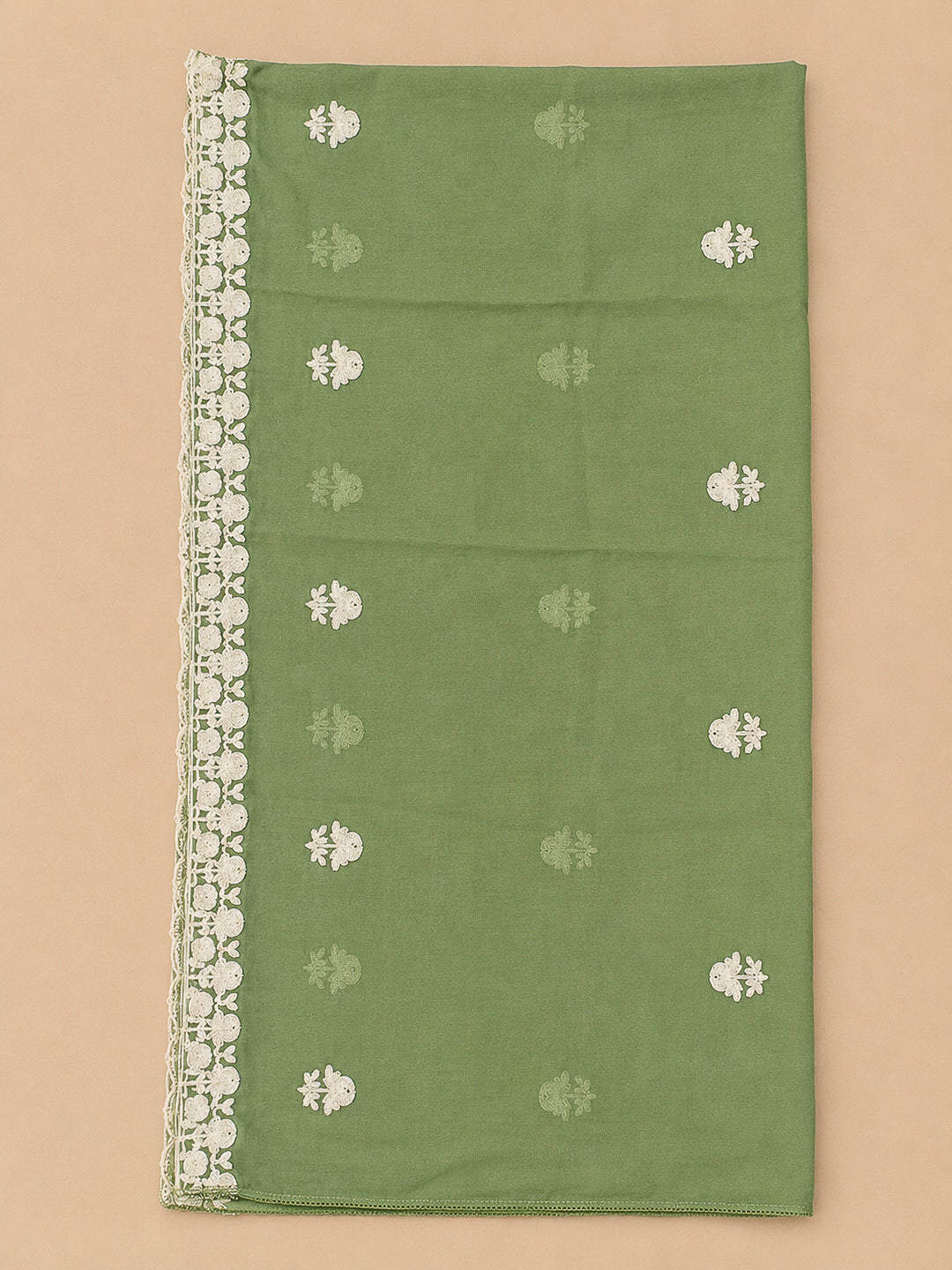 Pista Green Embroidery Chanderi Unstitched Dress Material