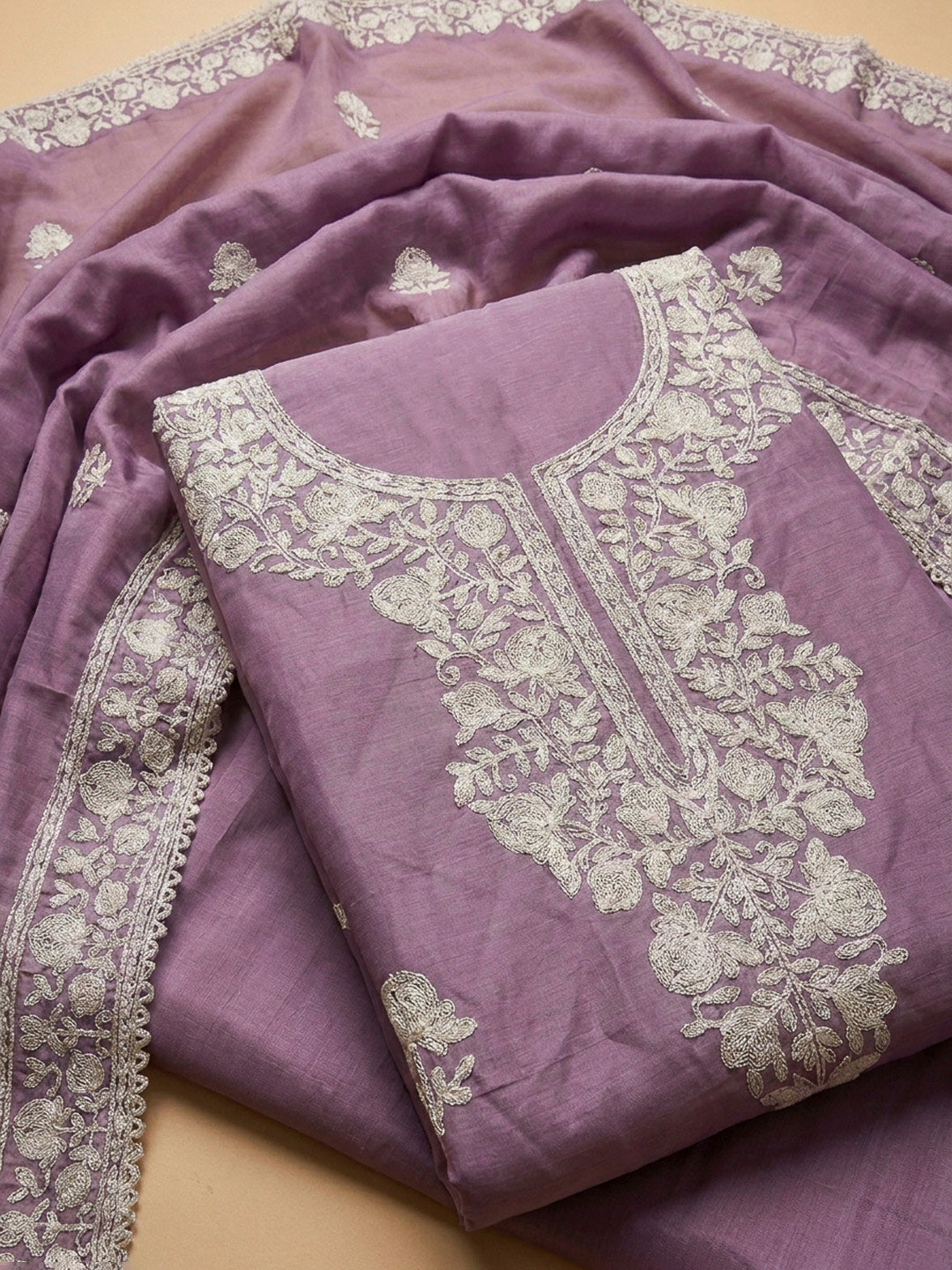 Purple Embroidery Chanderi Unstitched Dress Material