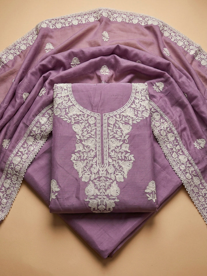 Purple Embroidery Chanderi Unstitched Dress Material