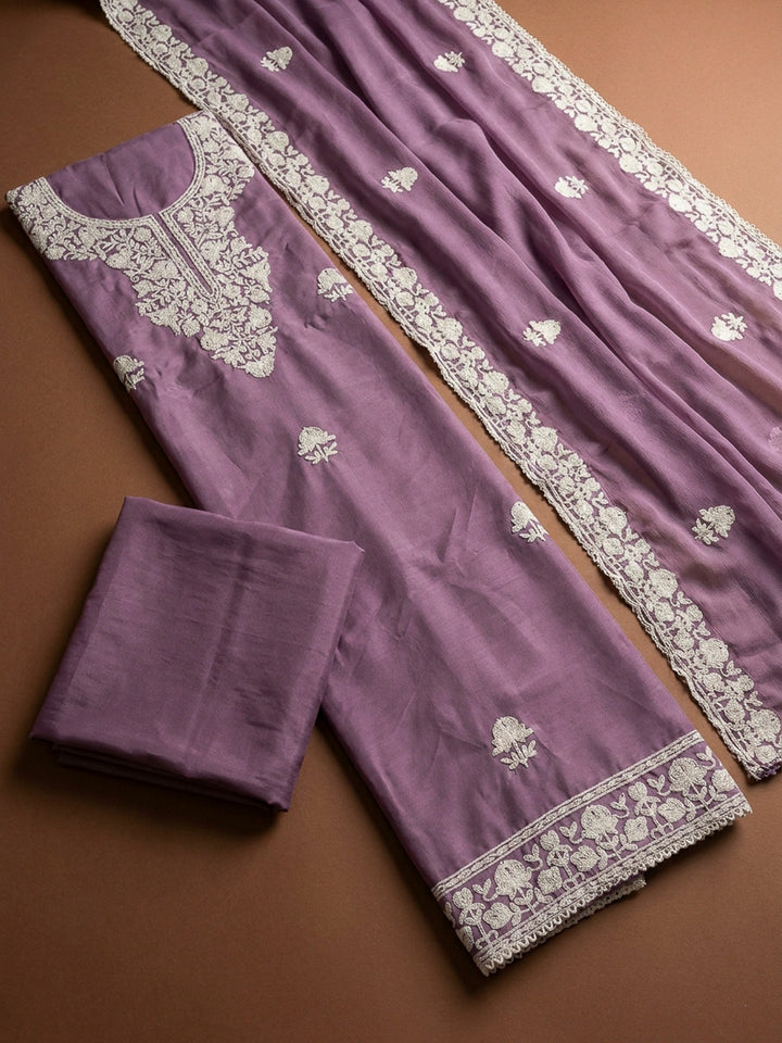 Purple Embroidery Chanderi Unstitched Dress Material