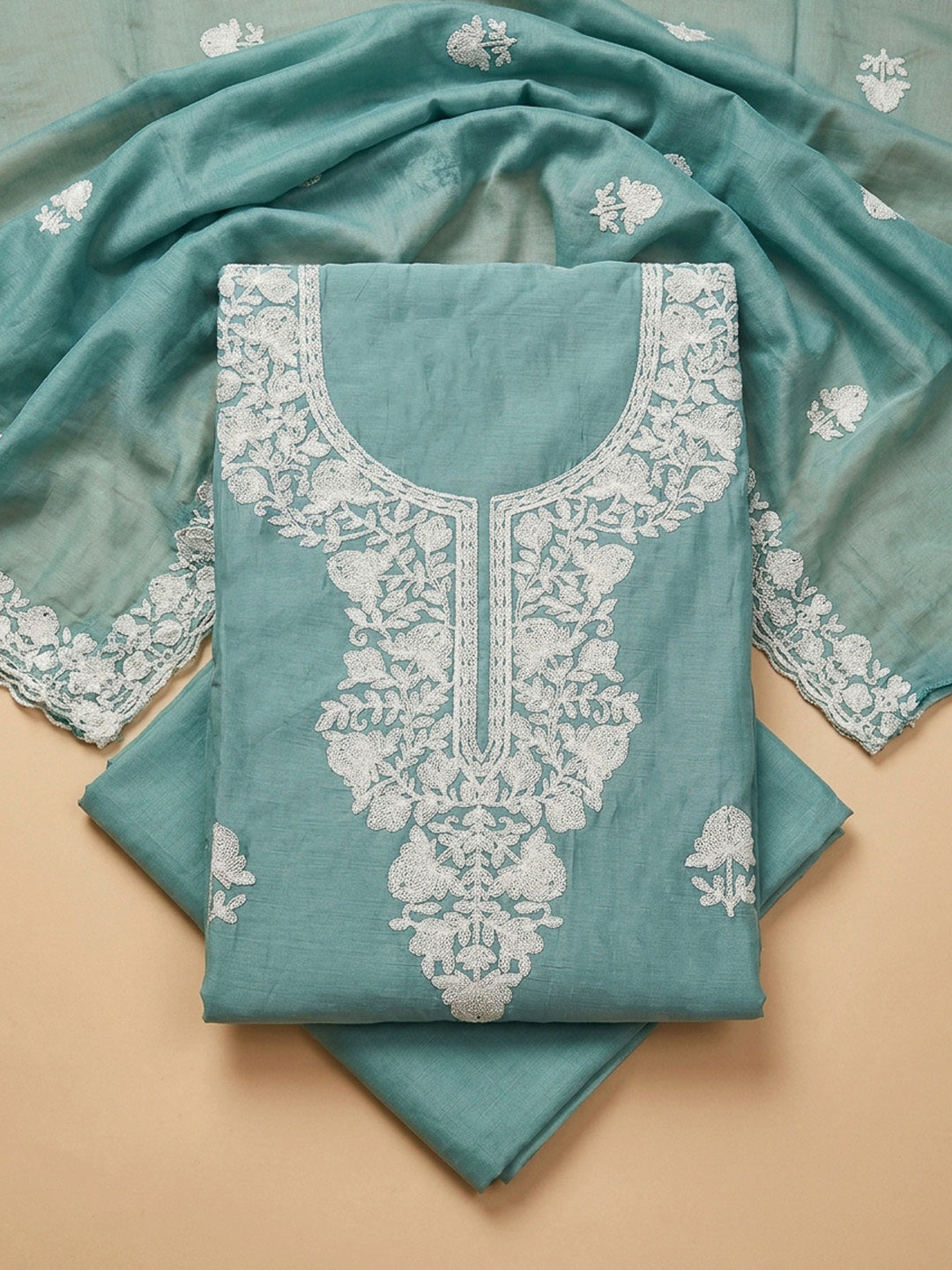 Sky Blue Embroidery Chanderi Unstitched Dress Material