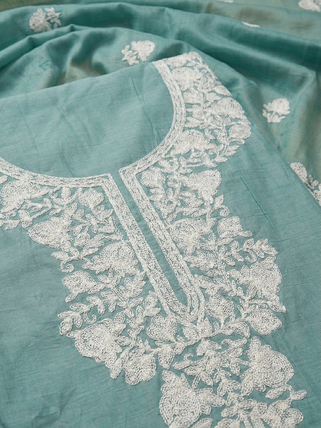Sky Blue Embroidery Chanderi Unstitched Dress Material