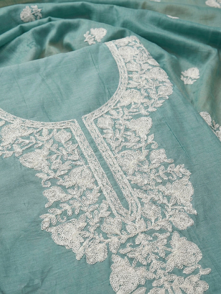 Sky Blue Embroidery Chanderi Unstitched Dress Material