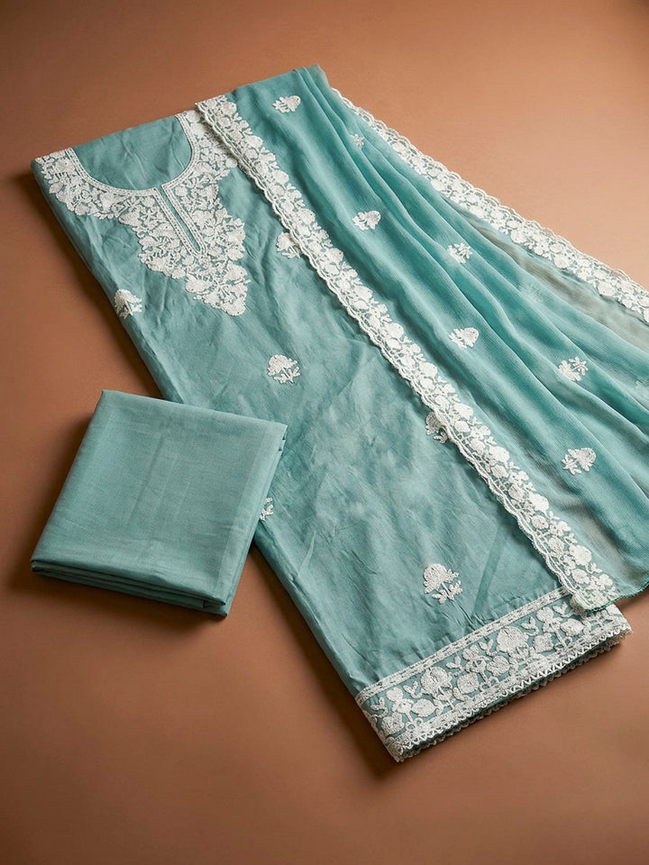 Sky Blue Embroidery Chanderi Unstitched Dress Material