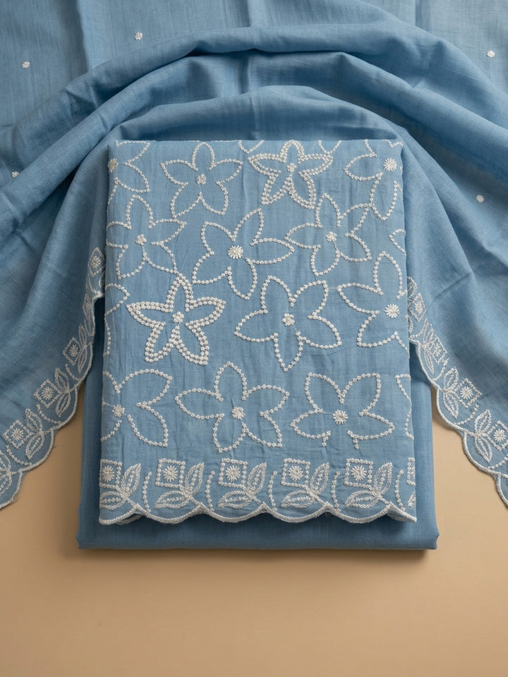 Blue Embroidery Chanderi Unstitched Dress Material