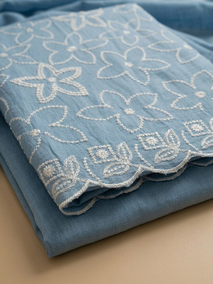 Blue Embroidery Chanderi Unstitched Dress Material