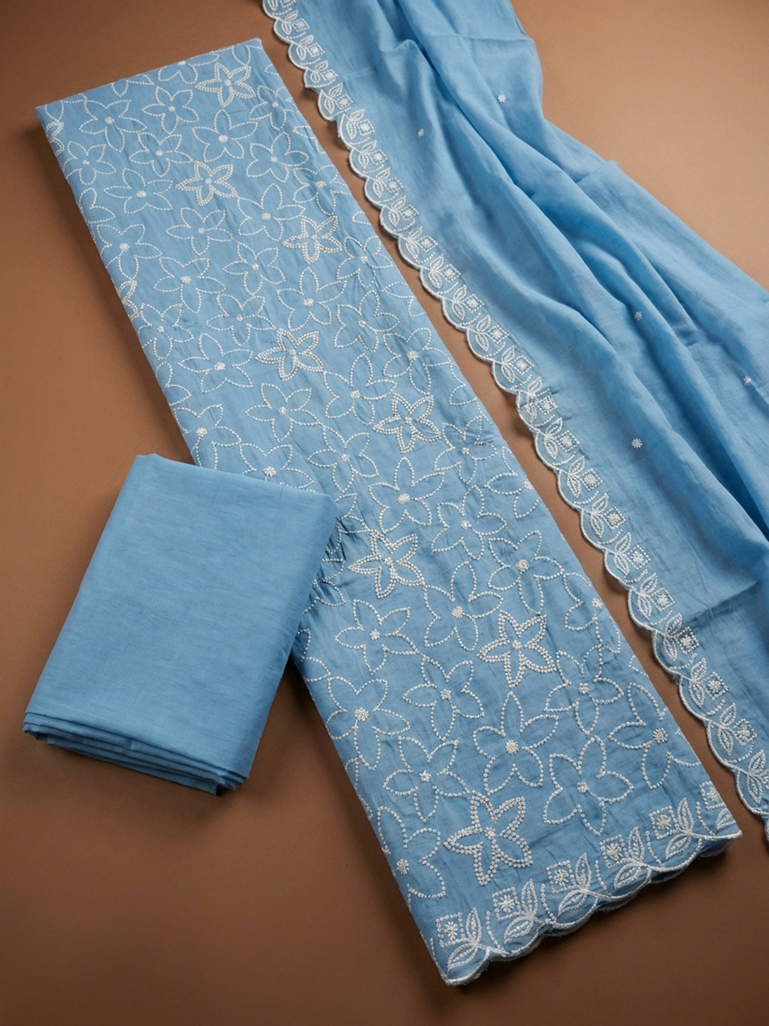 Blue Embroidery Chanderi Unstitched Dress Material
