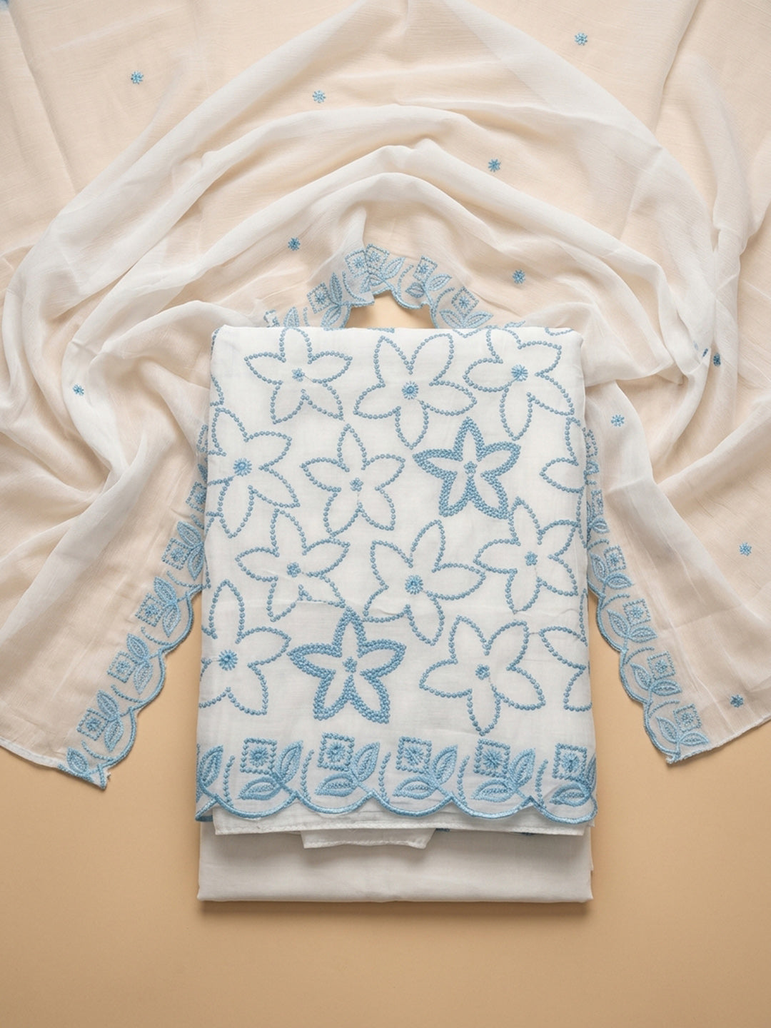 Off White Embroidery Chanderi Unstitched Dress Material
