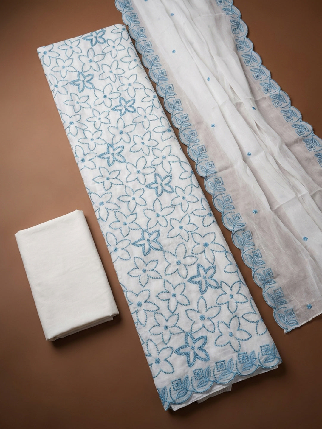 Off White Embroidery Chanderi Unstitched Dress Material