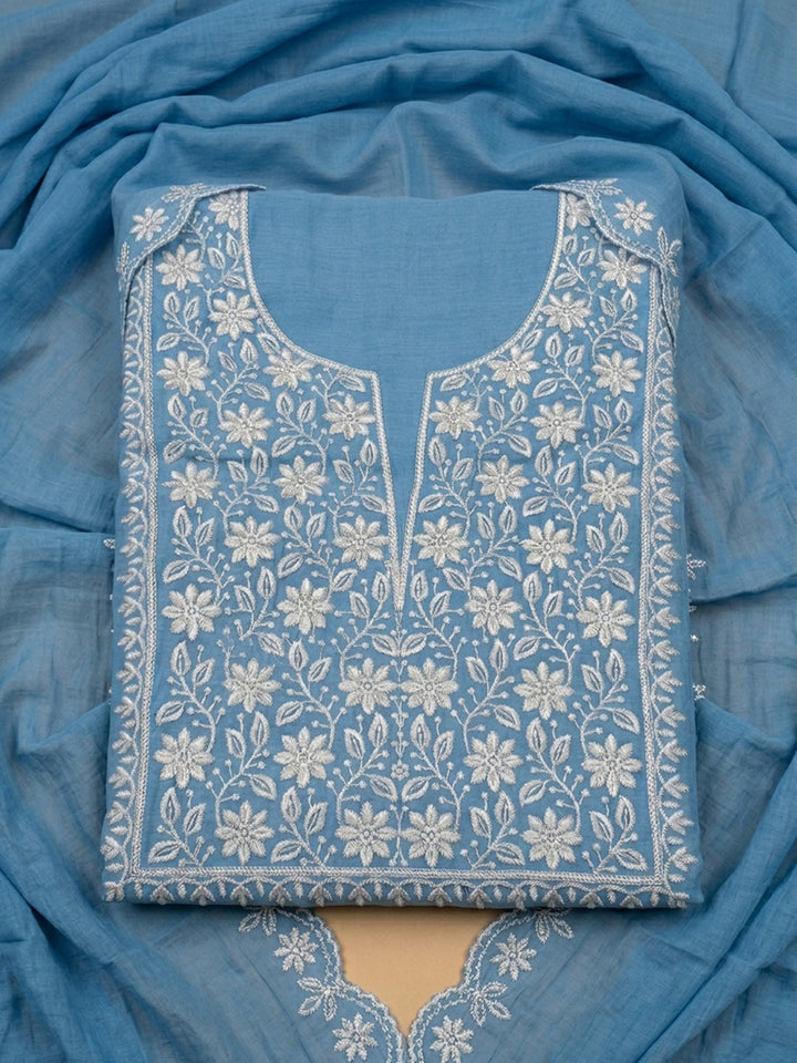 Blue Embroidery Chanderi Unstitched Dress Material