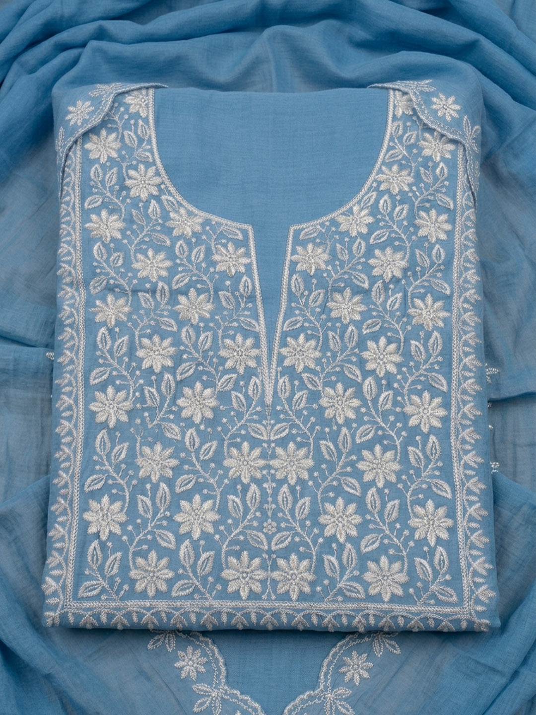 Blue Embroidery Chanderi Unstitched Dress Material