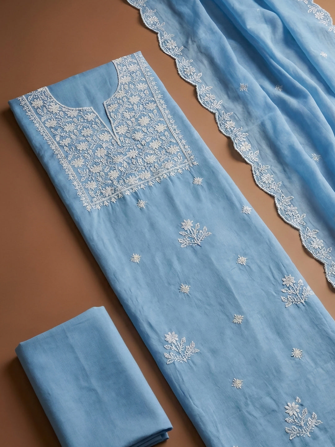 Blue Embroidery Chanderi Unstitched Dress Material