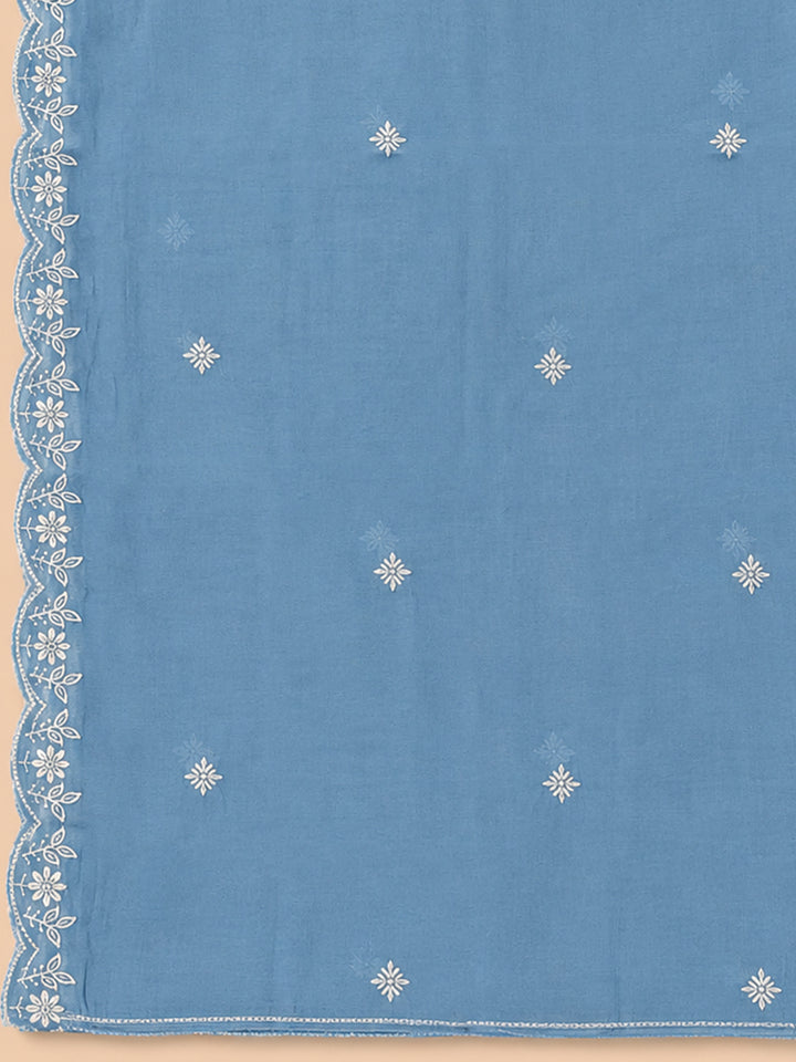 Blue Embroidery Chanderi Unstitched Dress Material