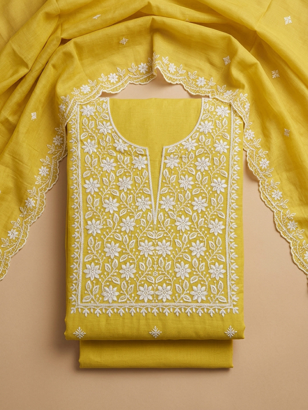 Mustard Embroidery Chanderi Unstitched Dress Material