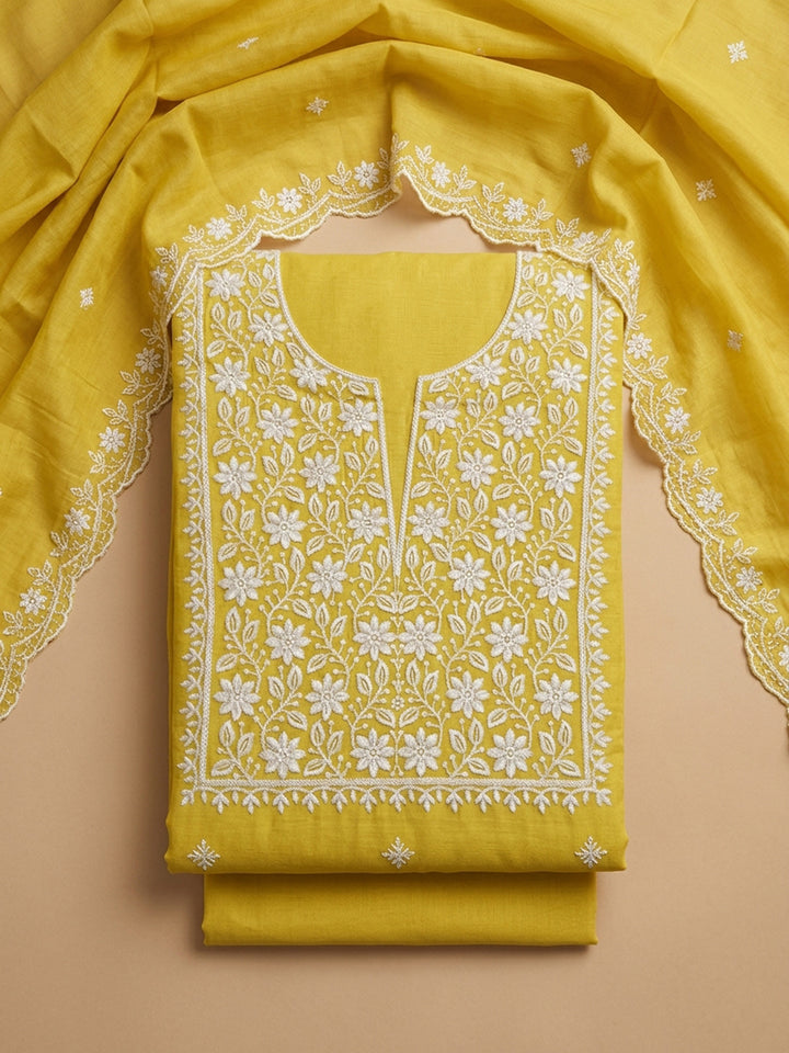 Mustard Embroidery Chanderi Unstitched Dress Material