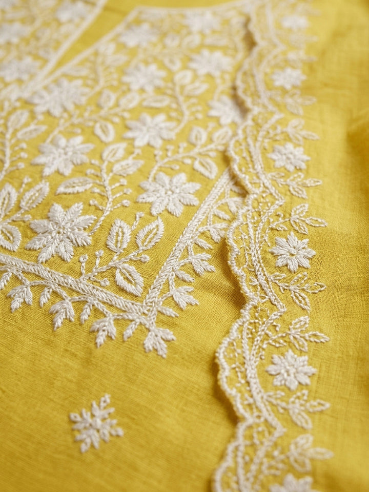 Mustard Embroidery Chanderi Unstitched Dress Material