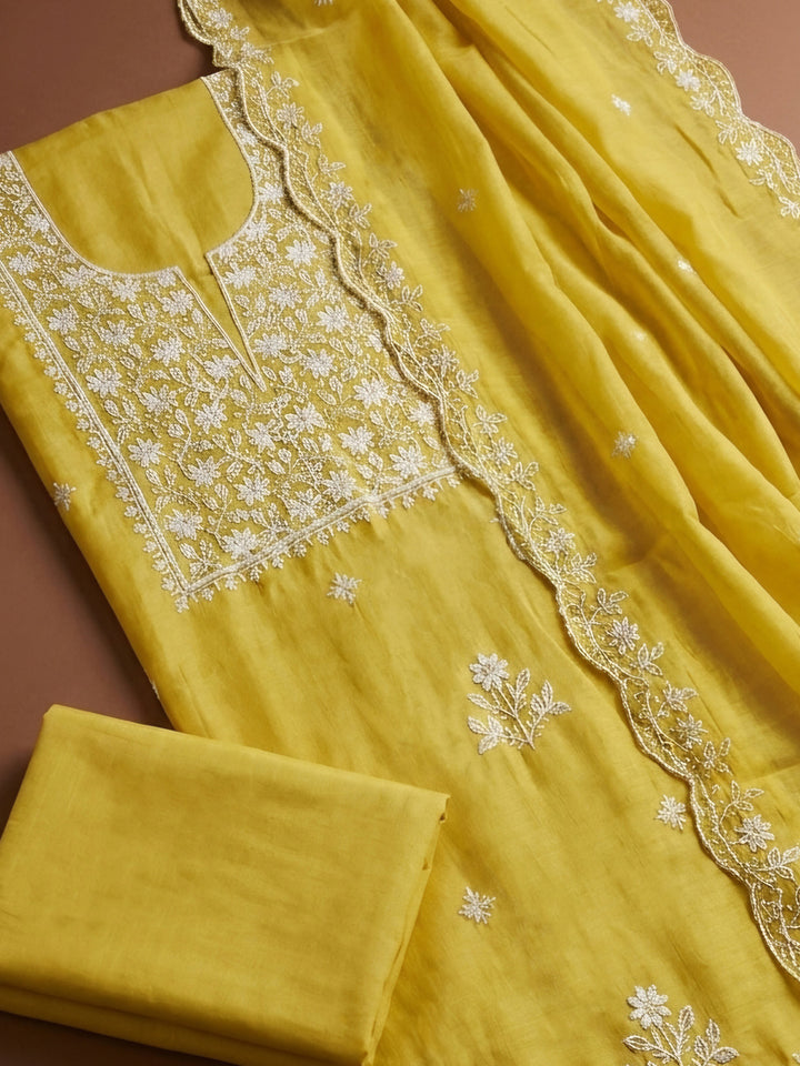 Mustard Embroidery Chanderi Unstitched Dress Material