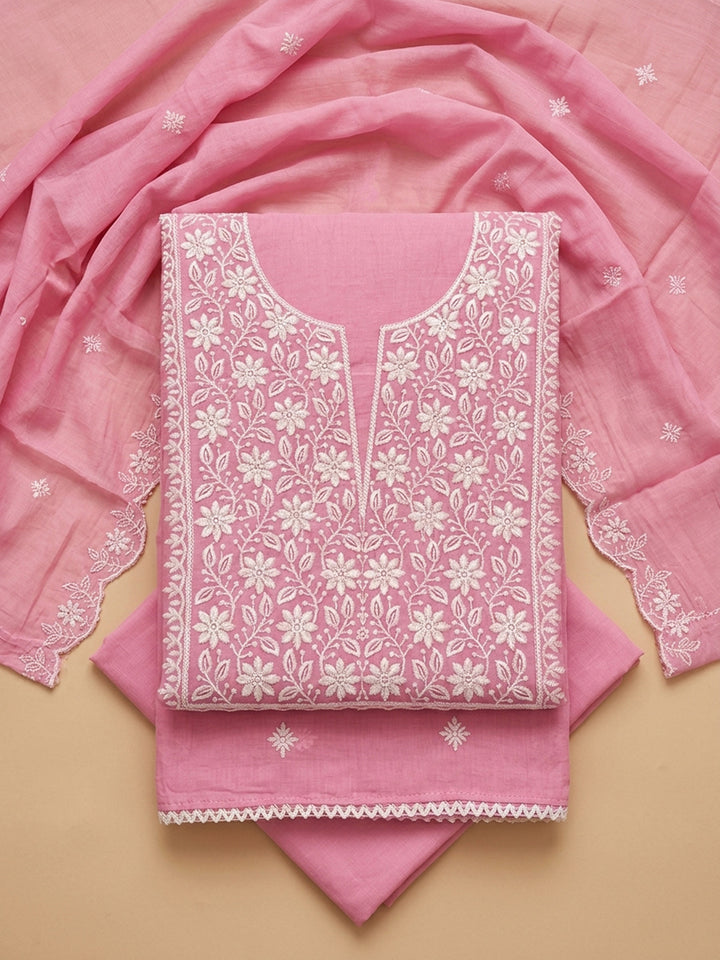 Pink Embroidery Chanderi Unstitched Dress Material