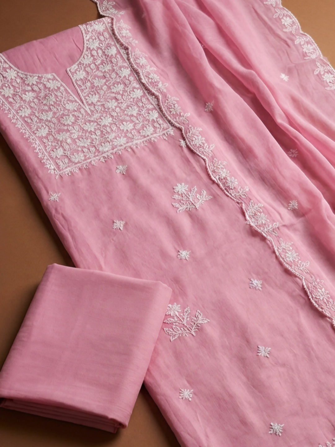 Pink Embroidery Chanderi Unstitched Dress Material