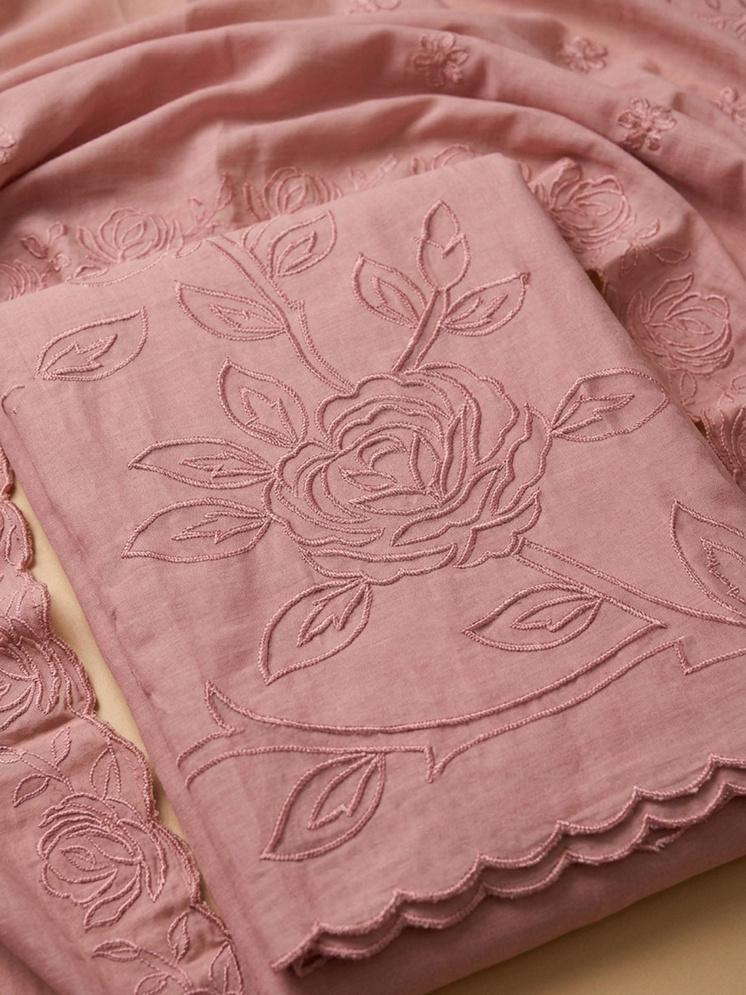 Peach Embroidery Chanderi Unstitched Dress Material