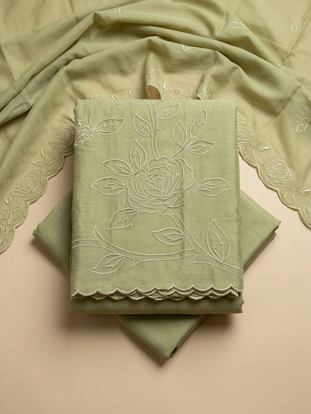 Pista Green Embroidery Chanderi Unstitched Dress Material