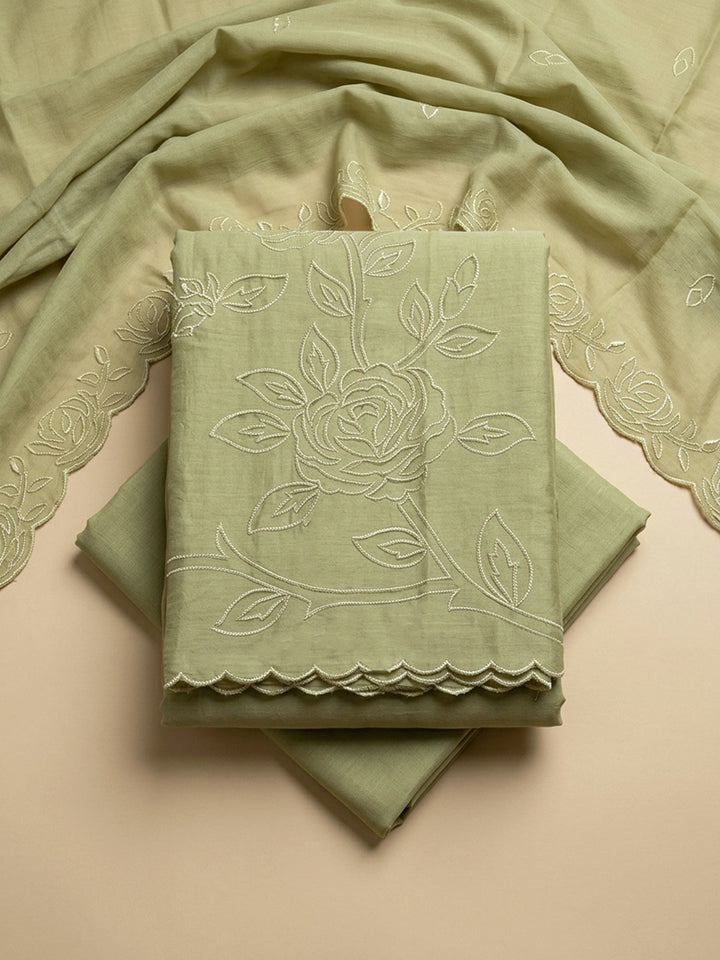 Pista Green Embroidery Chanderi Unstitched Dress Material